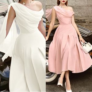 Modern A-Line Prom Dresses One-Shoulder Sleeveless Tea-Length Ruffle Pick-ups Dress With Wrap Celebrity Evening Dresses Plus Size Custom Made B5004