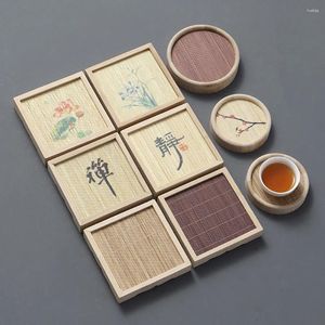 テーブルマット中国語スタイルのティーポットカップクッション竹マット木製レトロナチュラル断熱パッドジュエリーリングディスプレイ装飾