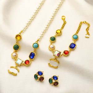 18K Gold Plated Designer Necklace Bracelets Earrings Jewelry Set Elegant Romantic monogram Crystal Pearl Rhinestone Fashion Family Couple Gift Bangle