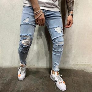 Men's Jeans Fashion Light Blue Distressed Boys Personality Ripped Skinny Denim Pants Washed Cotton Stretch Cowboy Trousers