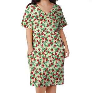 Lässige Kleider tropischer Obstdruckkleid weibliche grüne Blätter Vintage Spring v Hals Streetwear Muster großgröße