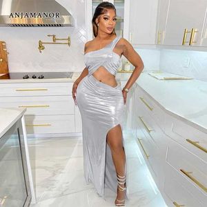 Basic Casual Dresses ANJAMANOR Silver Evening Party Dress Sexy Night Club Outfits Women Asymmetric Cut Out One Shoulder Split Maxi Dresses D85-DZ22 T240507