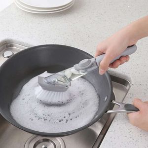 Hantera kökskrubberborste lång rengöring tvättskålskål med påfyllning flytande tvål dispenser gratis 3 svampar pott renare tvättverktyg