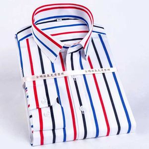 Camisas de vestido masculinas blocos de cor masculino Camisa de vestido resistente a rugas listrada colar de abastecimento de lavagem longa Camisas de algodão puro casual D240507