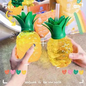 Cups Dishes Utensils Cute food grade plastic summer straw cup cartoon fruit strawberry pineapple watermelon water bottle beverage giftL2405