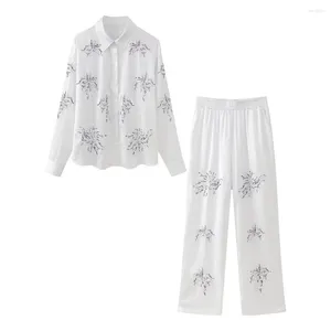 Women's Two Piece Pants UNIZER2024 Spring Product Fashion Flip Collar Beaded Embroidered Shirt High Waist Straight Leg Casual Set