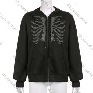 Rhinestones Spider Web Skeleton Print Black Y2k Goth Long Sleeve Full Zip Hoodies Oversized Jacket American Fashion Selling 219