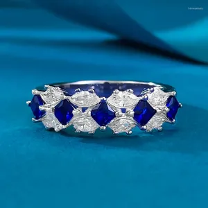 Cluster Rings S925 Silver Women's Noble Blue Diamonds Artificial Sapphire Ring Daily Replacement Grand Style Small And