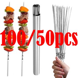 Accessories 100/50pc Stainless Steel Skewer Flat Barbecue Skewer BBQ Needle Stick Garden Outdoor Camping Tools bbq Grill Accessories Gadgets