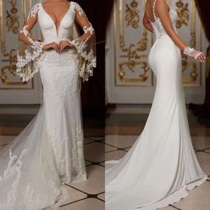 Vestidos elegantes de gola em V Sereia mangas de casamento profundo Candidatos de renda longa Tulle Backless Court Custom Made plus size vestido de noiva vestidos de novia