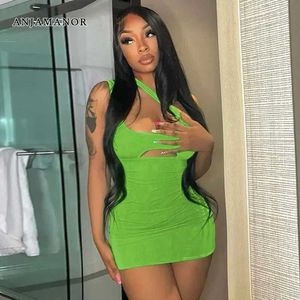 Основные повседневные платья Anjamanor Neon Grn Sexy Summer Dress Женщины 2023 Ночной клуб наряды в одно плечо вырезали мини-платья без спины D70-AI13 T240507