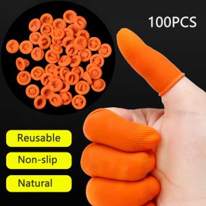 Gloves 100PCS Finger Cots Orange Reusable Natural Rubber Latex Nonslip Finger Cover Fingertip Protector Industry Gloves Nail Art Tool