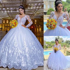 Bollklänningar Glamorös V-ringning Lace Applicants Transparenta Wedding Sleeves Decorative Border Chapel paljetter Custom Made Bridal Gown Vestidos de Novia