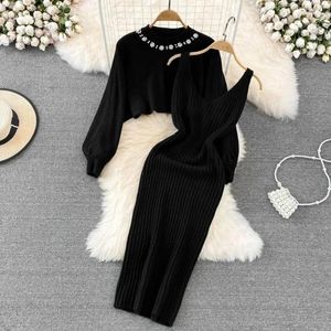 Work Dresses Women Black Knitted Slim Dress Tops Two Piece Set Korean Lady Graceful Pearl Sweater Pullovers Vest Outfits Knitwear