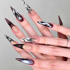 False Nails 24pcs Long Pointed False Nails Patch Cool Girl Gothic Style Artificial Nail Tips Wearable Press on nail Tips for Hallown DIY T240507