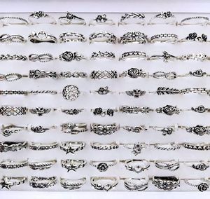 Band Bulk Lots 100pcs Antique Silver Plated Multi Styles for Women Vintage Ladies Flower Fashion Finger Retro Jewelry 2211259244933