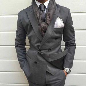 Men's Suits Blazers Dark gray double breasted slim fitting mens two-piece grooms wedding evening dress business formal fashion jacket and pants Q240507