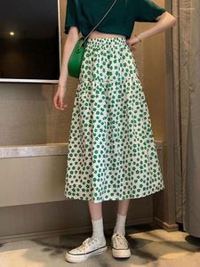 Kjolar 2024 sommar vintage grön casual tryck elastisk hög midja veckad midi kjol damer svart mångsidig a-linje lång för kvinnor