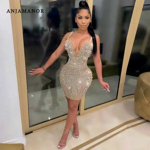 Vestidos sexy urbanos Anjamanor Sexy Glitter Rhinestones Mesh Dress Women Women Wear Party Roupe