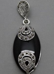 Vintage 18 mmx40mm Marcasite Black Agates 925 Sterling Silver Drop Pendant4133548