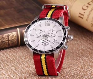 Whole T095 Top Round Tachymeter Chronograph Quartz Japan Red Fabric Strap Nato Nylon Men Watch Wristwatches Mens Watches7952083