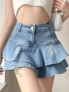Skirts Zik Vintage Woman Denim Shorts Summer 2024 Streetwear All Match Washed Kawaii Ball Gown Ruffles Mini Jeans Saias Femme