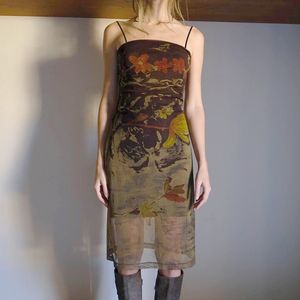 Casual Dress Women Vintage Print Mesh Slip Dress Babes Backless High-midjig klänning