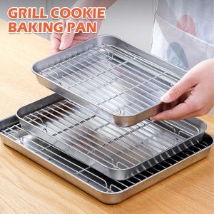 Grills Stainless Steel Baking Pan Tray With Wire Rack Cake Baking BBQ Pan Tray Plate Oven Brownie Rack Cooking Roasting Grilling Tool