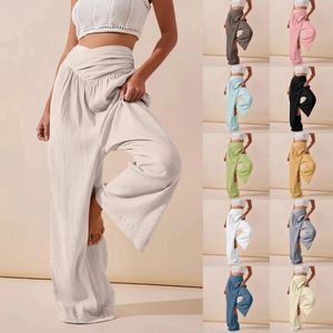 Pantaloni da donna in cotone a colore solido e lino sciolto in alto in vita cimasta gamba larga boho spiaggia 2024