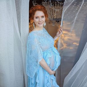 2020 Elegant Lace Maternity Robes Sky Blue Appliques Beaded Bridal Sheer Maternity Dresses Long Chiffon Sexy Party Photography Evening 311s