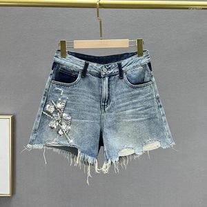 Kvinnors jeans rippade denim Shorts Kvinnor Pants 2024 Summer High midja Slimming Crystal Studded paljetter breda benstudenter