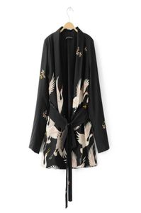 Mode Frauen Red Crowned Crane Printing Kimono Style Jacke Casual Long Sleeve Mantel Vintage Knotted Gürtel Lose Tops C215 201121413860