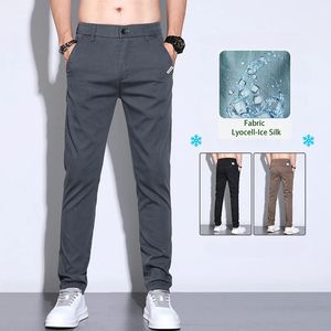 KUBRO Harajuku Street Fashion Mens Trousers Summer Lyocell Fabric Business Casual Office Slim Fit Versatile Pants Male 240430