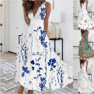Designerklänningsklänningar för kvinna Vestidos Vestido de Mujer Floral Print Plunging Dress Elegant ärmlös Maxi Dress Womens Clothing Womens Designer Kläder