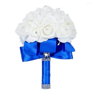Свадебные цветы 2024 Ручная красота Королевская синяя свадебная подружка невесты Букет из искусственной розовой ленты хрустальные букеты de noiva
