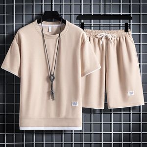 Summer Mens Waffle Set Casual T-Shirt och Shorts Set Male Sports Suid Folid Color Track, Loose Suits Storlek 3XL 240507