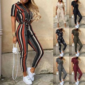 Women's Jumpsuits Rompers Womens Monochromatic Belt Workwear Jumpsuit Casual Pants Flip Collar Buckle European and American Summer 2023 d240507