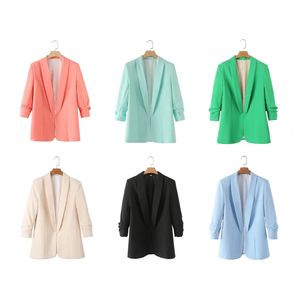 Taop Za Spring Product 여성 패션 및 캐주얼 다목적 플립 칼라 가짜 리넨 커프 주름 정장 재킷 240507