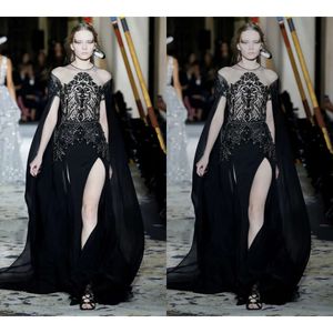 Zuhairmurad Black Mermaid Evening Jewell Neck Formal Dress Tulle Lace Crystal Spit Swep Sweet Train Party Bridesmaid Gown 0508