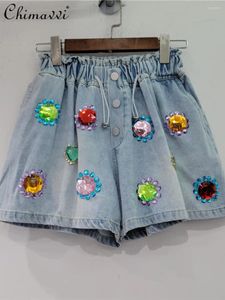 Jeans femminile stazione europea 2024 estate pesante strass di strass che corse a vita alta alla vita SLINGMING SHIMMING WAID GEGI Pantaloni corti Donne