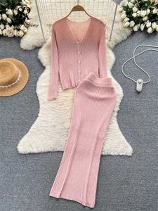 Dwuczęściowa sukienka Singreiny koreańska elegancka retro dwa kawałki garnitury w szyku w szyku w szkielice Slim Cardigan+wysoka talia BodyCon spódnica 2024 Modna dzianina zestawu Y240508
