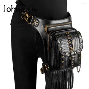 Bolsas de cintura johnature moto motociclista saco de mulheres 2024 steampunk tassel rebite ombro multifuncional de couro de alta qualidade
