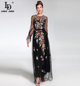 2019 Fashion Runway Maxi Dress Women039s Elegante de Manga Longa Tulle Gaze Flor Bordado Bordado preto Vestido longo Vintage Y1905114182