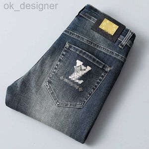 Herr jeans designer höst mode märke koreanska smala passform byxor smala passform tjock broderade blå grå byxor