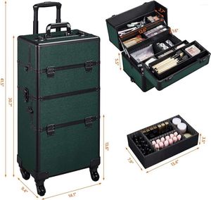 Scatole di stoccaggio 3 in 1 Case di treno per trucco rotolamento professionale Organizzatore di viaggi cosmetici Green