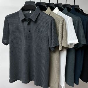 Słodna letnia koszulka Tshirt z Silk Silk krótki rękaw Tshirt męski kołnierz Solidny kolor Polo Half Men Odzież 240430