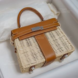 12a de qualidade espelhada de luxo saco de designer saco de bolsa de bolsa de mulher toda artesanal de couro genuíno bambu e saco de vime de vime de 20 cm