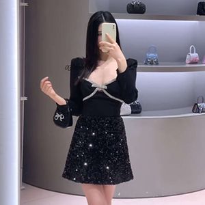 tops dresses for woman 2024 New SP Home High end Fashion Handmade Nail Diamond Long sleeved Top Short Skirt Hepburn Style Two Piece Set