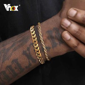 Chain Vnox Basic Mens Cuban Twisted Chain Bracelet Set of 1/2/3 Pieces Gold Stainless Steel Figaro Wheat Chain J240508