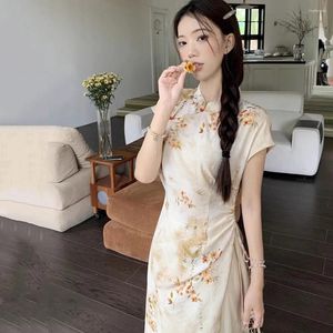 Arbetsklänningar 2024 Kinesisk klänning/kjol Set Women's Stand Neck Elegant Temper Qipao Dress Elastic Midje Chiffon A-line kjolar 2 bit